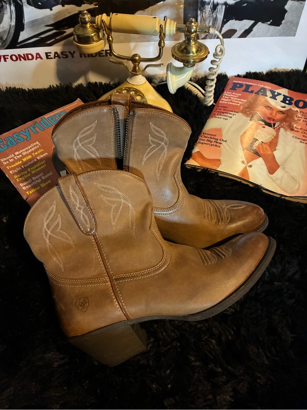 Ariat Brown Leather Western Ankle Boots with Stitched Detail
